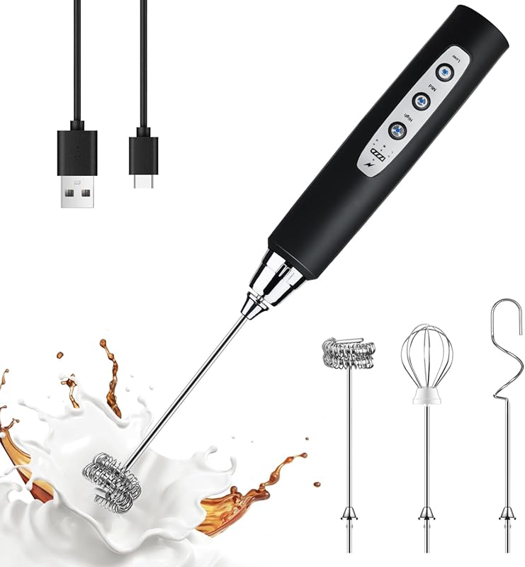 YUSWKO Rechargeable Black Handheld Milk Frother Wand with 3 Speeds and