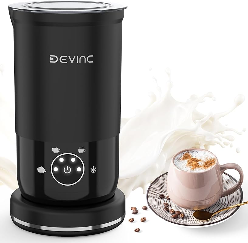 DEVINC 4-in-1 Electric Milk Frother and Steamer with Auto Shut-Off, Ho