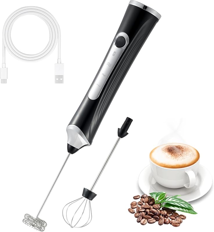 Rechargeable Handheld Electric Milk Frother with 2 Whisk Heads, USB Po