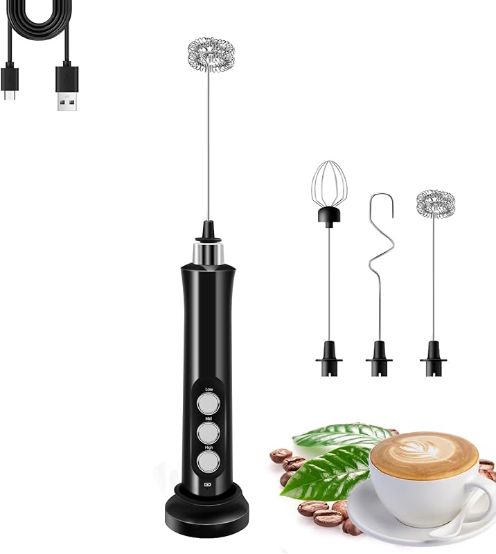 Rechargeable Milk Frother with 3 Detachable Stainless Steel Whisks and