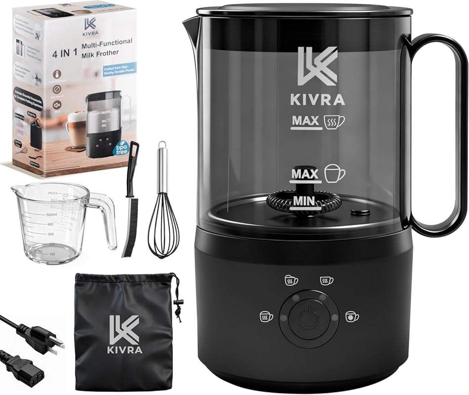 KIVRA 350ml Milk Frother and Steamer with 4 Modes for Hot and Cold Dri