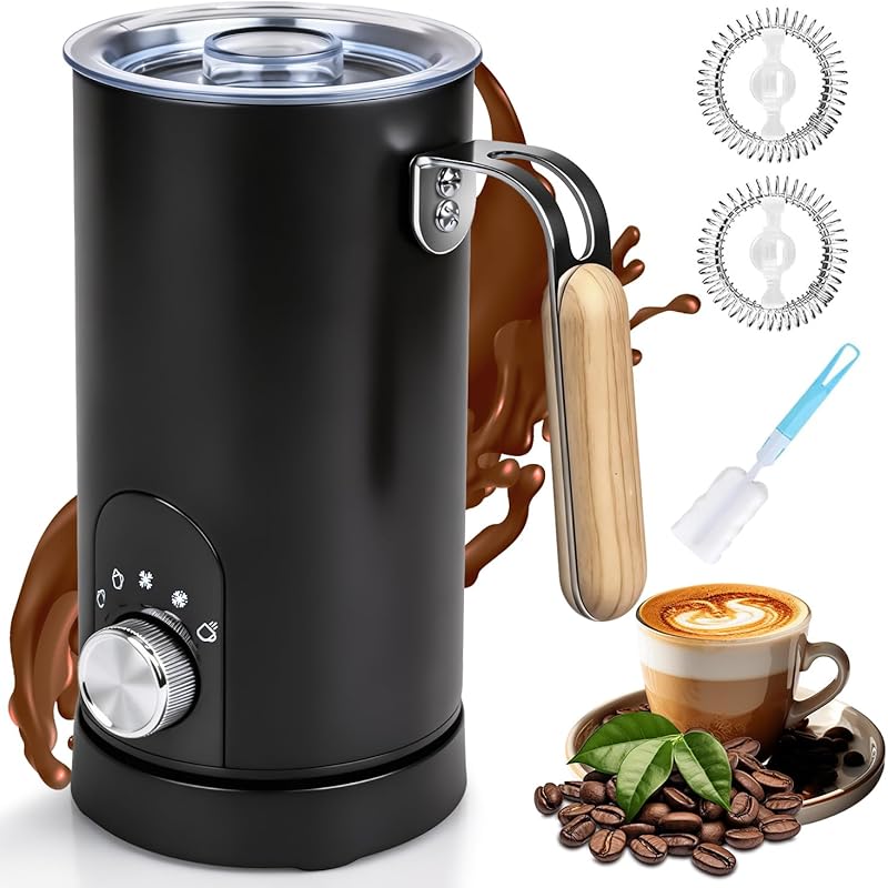 5-in-1 Electric Milk Frother and Steamer with Wood Grain Handle, 11.8o